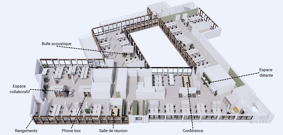 plan 2D bureau flex office pour travail hybride